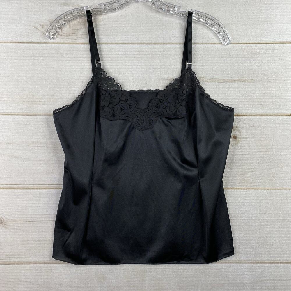 Vintage Lingerie Vanity Fair Black Nylon Camisole Lace Trim Size 36 Pleats